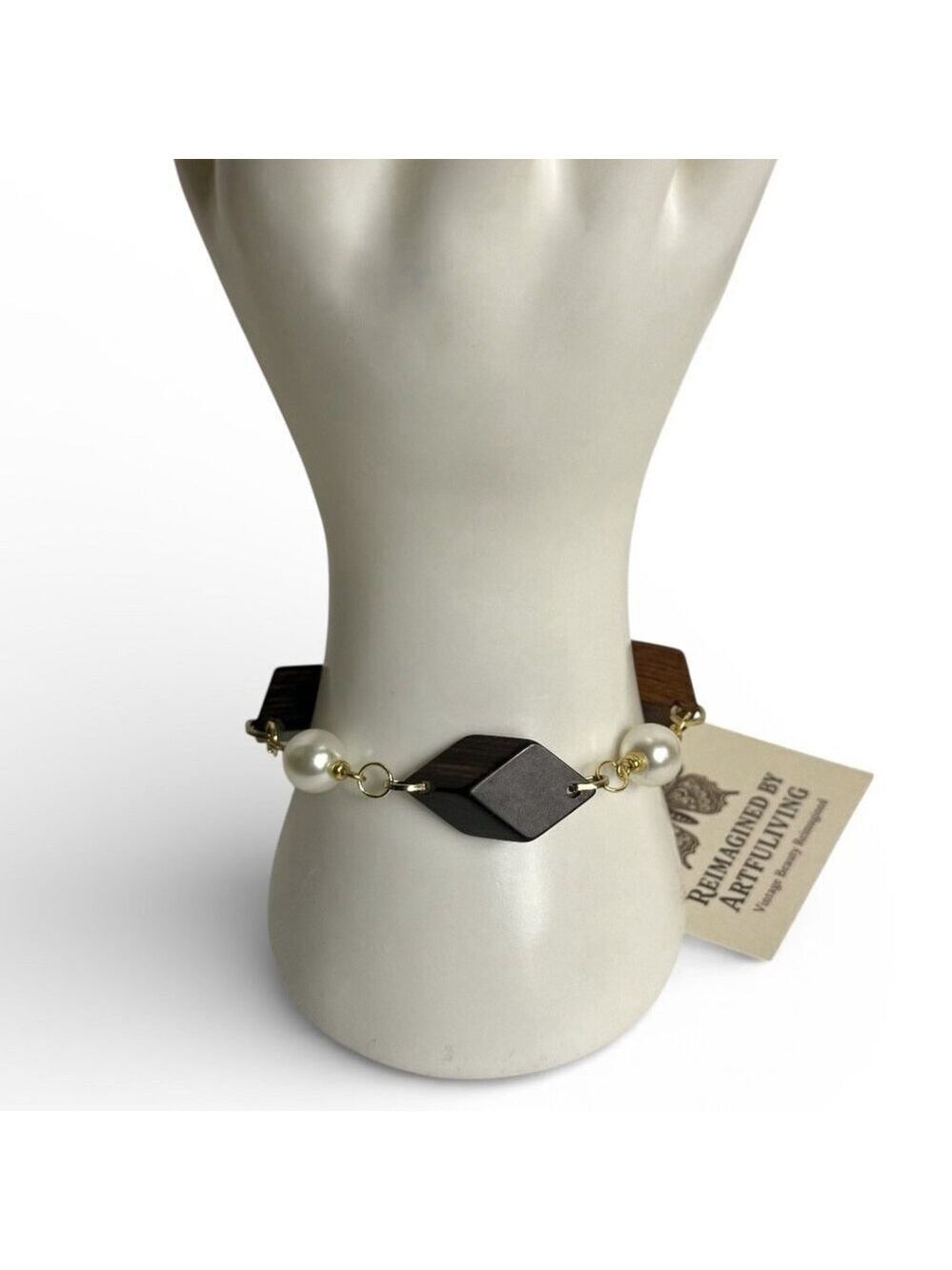 Wood Faux Pearl Bracelet Gold Tone